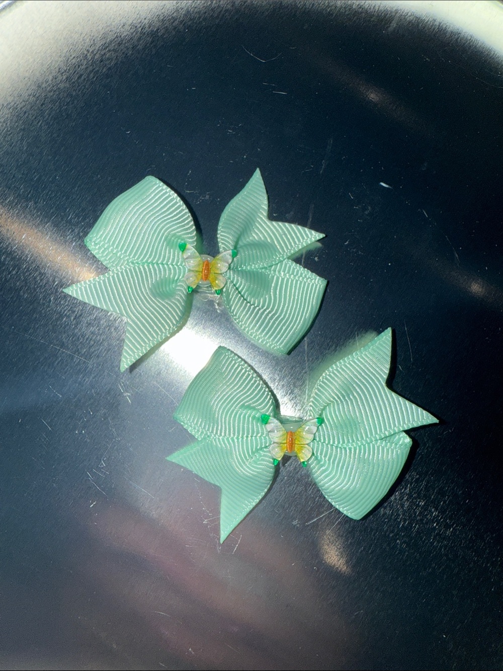 1 pair mint green Butterfly Grosgrain Ribbon Hair Bows Handcrafted 2.16 inches